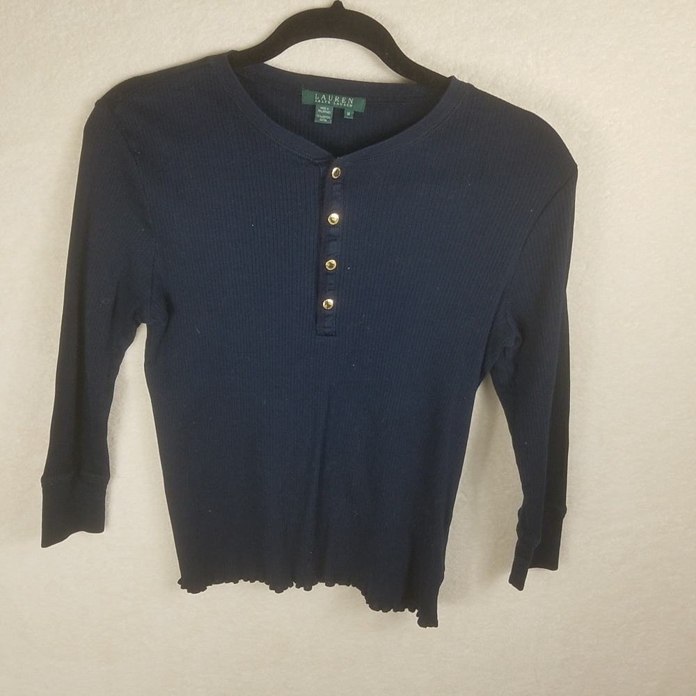 Lauren Ralph Lauren Henley Top Womens Medium Navy Ribbed Lettuce edge Coquette